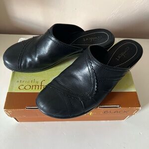 Simply Comfort Bailey Women’s Black Leather Mules Clogs Slip-On Comfortable 9.5